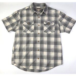 Duluth Trading Free Swingin Relaxed Chambray Mens Sz L Beige Gray Plaid Shirt